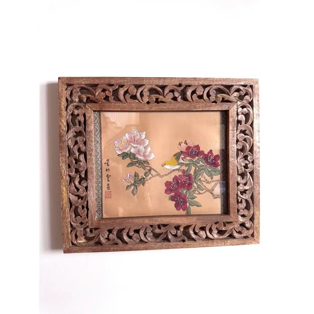 Vintage Pair Asian Silk Bird Floral Paintings, Carved Wood Framed Botanicals